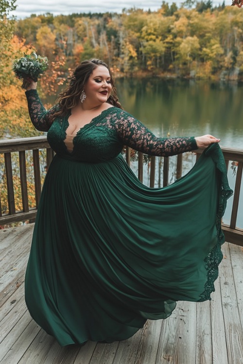 a curvy woman wears a green wedding guest dress with lace sleeves