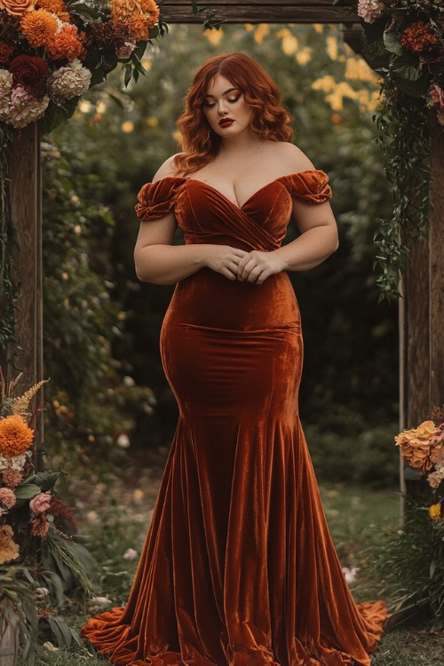 a curvy woman wears a rust velvet wedding guest dress