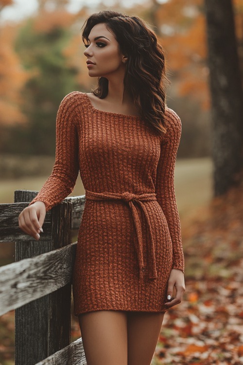 a curvy woman wears a rust wedding guest dress with a square neckline