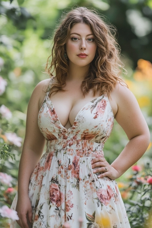 a curvy woman wears a white floral mini wedding guest dress with a ruched waist