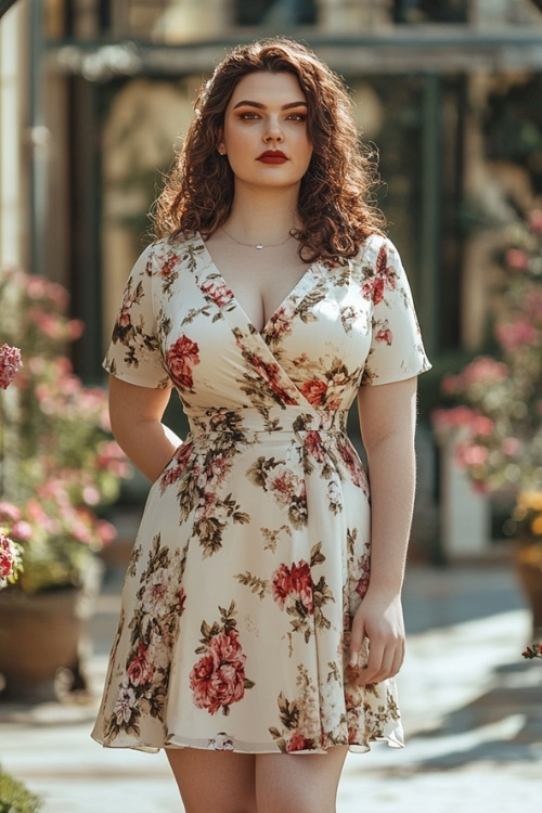 a curvy woman wears a white floral mini wedding guest dress with a wrap style