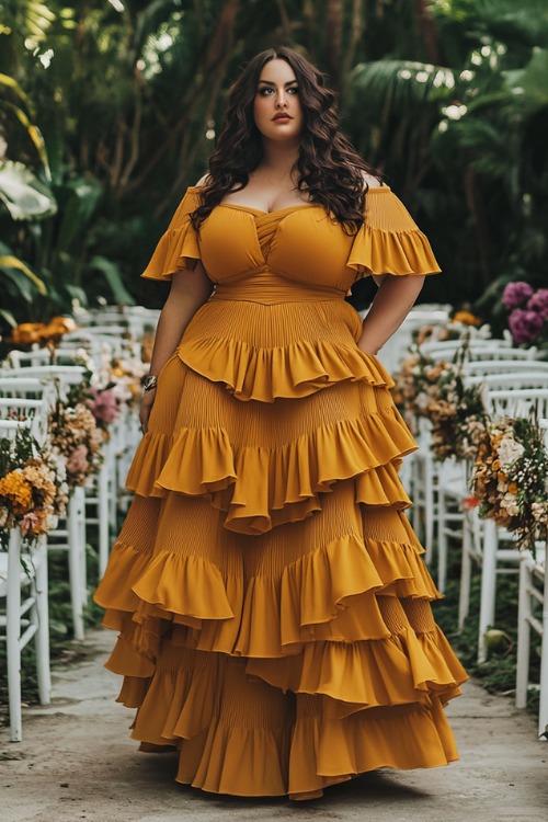 a curvy woman wears a yellow wedding guest dress with a tiered skirt