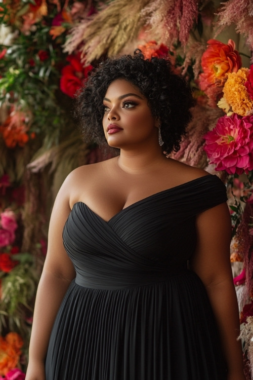 a plus size black woman wears a black one shoulder wedding guest dress