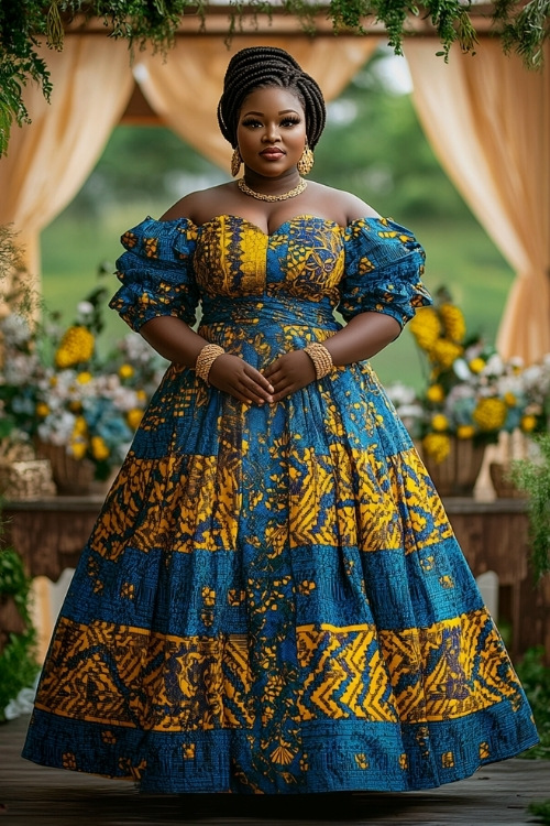 a plus size black woman wears a blue and yellow patterned off the shoulder wedding guest dress with short sleeves