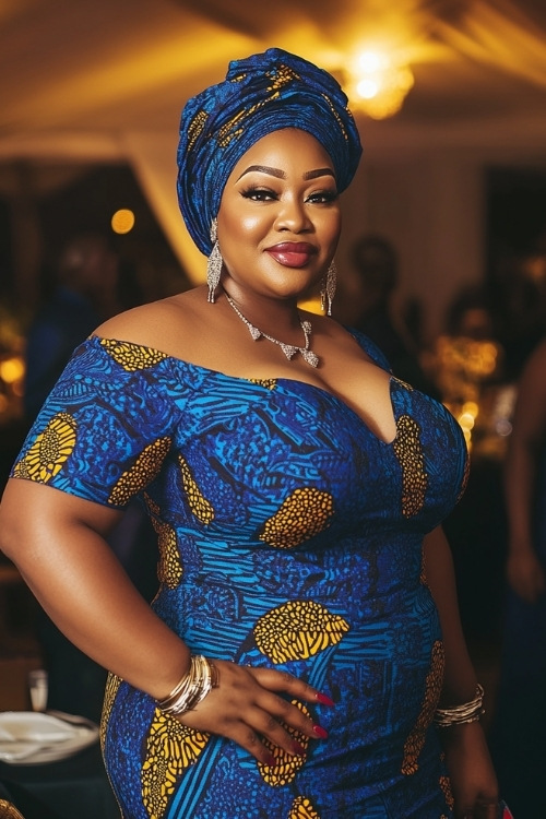 a plus size black woman wears a blue patterned wedding guest dress and a headwrap (2)