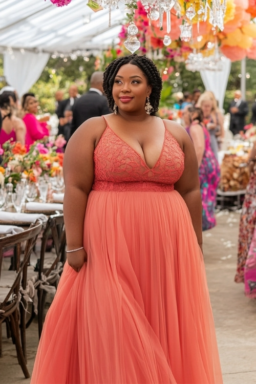 a plus size black woman wears a corral wedding guest dress and a tulle skirt