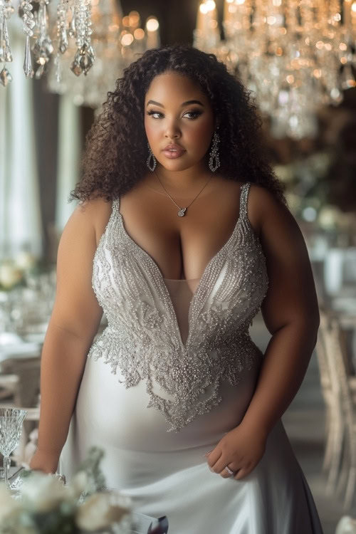 a plus size black woman wears a gray embellished wedding guest dress with a plunging neckline