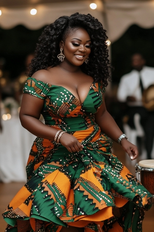 a plus size black woman wears a green and orange patterned V neck wedding guest dress with short sleeves