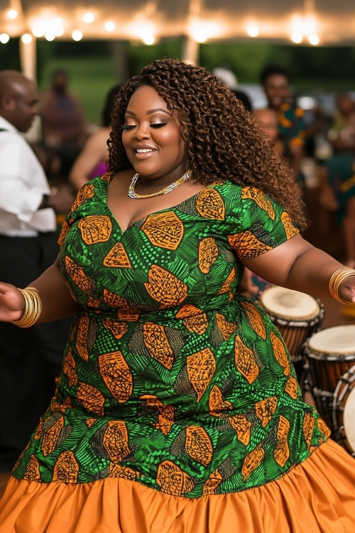 a plus size black woman wears a green and orange patterned wedding guest dress with a ruffled hem