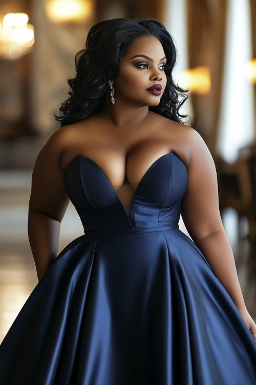 a plus size black woman wears a navy blue strapless wedding guest dress with a plunging neckline