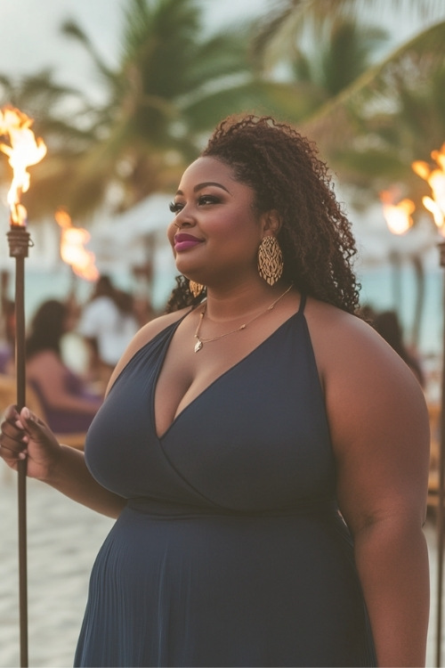 a plus size black woman wears a navy blue wedding guest dress with a halter neck