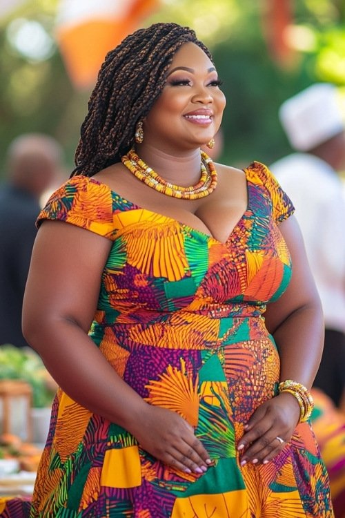 a plus size black woman wears a patterned V neck wedding guest dress with short sleeves