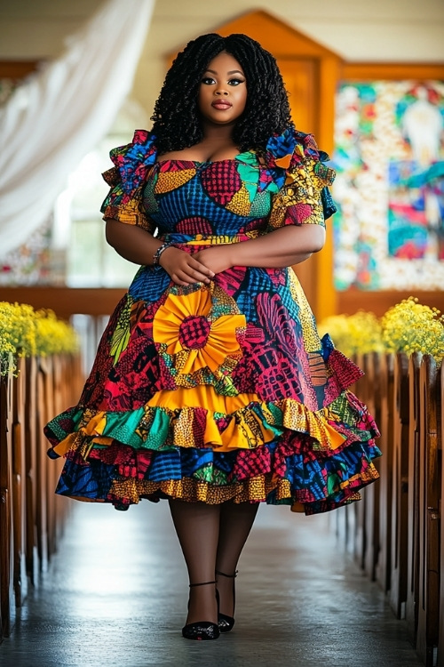 a plus size black woman wears a patterned tiered wedding guest dress with ruffled hemline