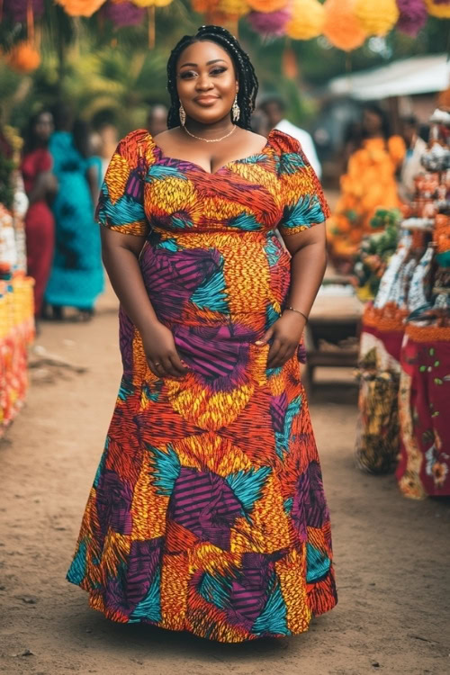 a plus size black woman wears a patterned wedding guest dress with short sleeves (3)