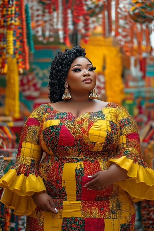 a plus size black woman wears a red and yellow patterned wedding guest dress with long sleeves