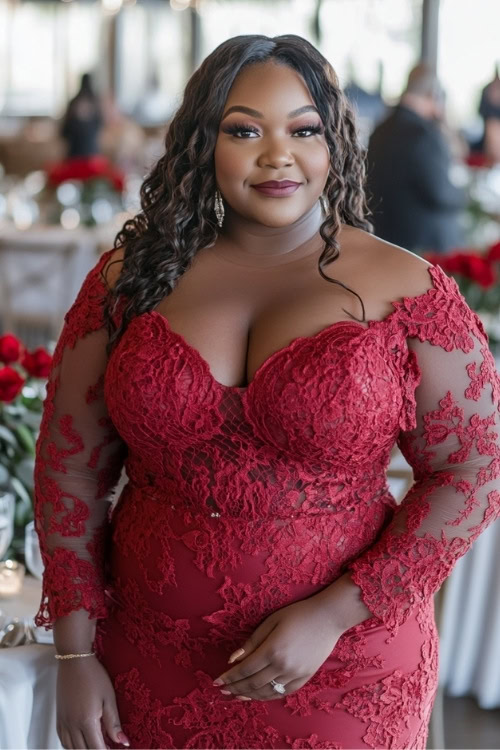 a plus size black woman wears a red lace wedding guest dress with lace sheer sleeves