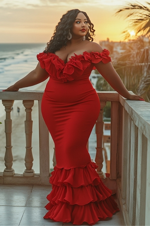 a plus size black woman wears a red mermaid wedding guest dress with a ruffled neckline