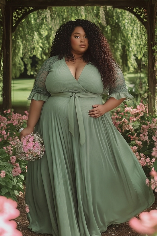 a plus size black woman wears a sage green wedding guest dress with sheer sleeves