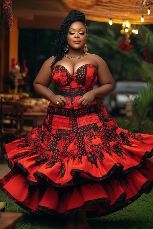 a plus size black woman wears a strapless black and red wedding guest dress with a ruffled flared hem