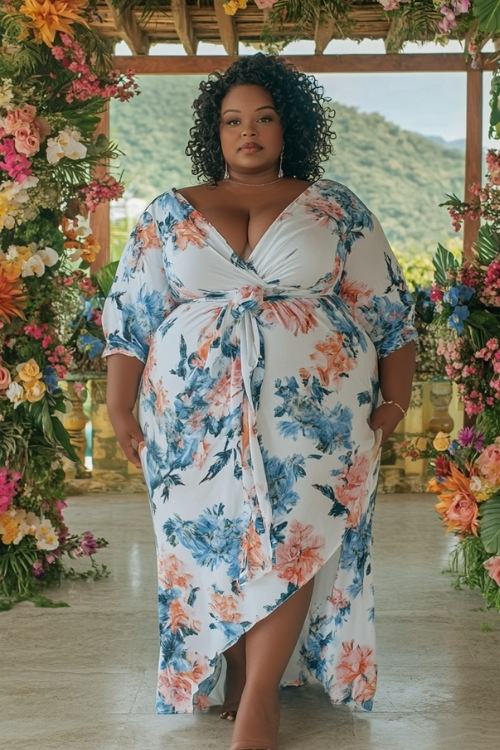 a plus size black woman wears a white floral wrap style guest dress and billowy sleeves