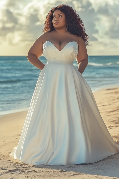 a plus size black woman wears a white strapless wedding guest dress with a V neck