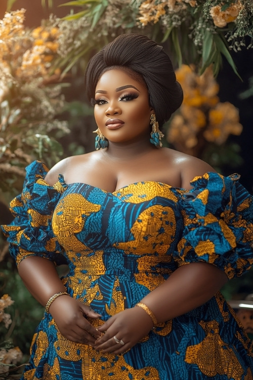 a plus size black woman wears a yellow and blue patterned wedding guest dress with short sleeves