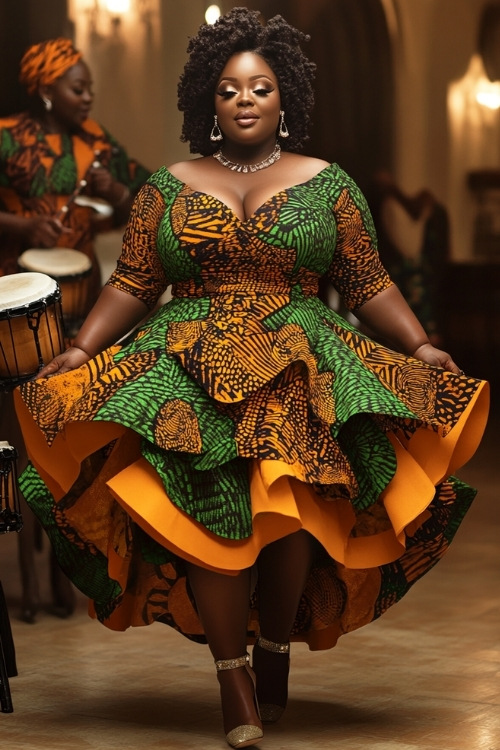 a plus size black woman wears a yellow and green patterned wedding guest dress with a ruffled hem