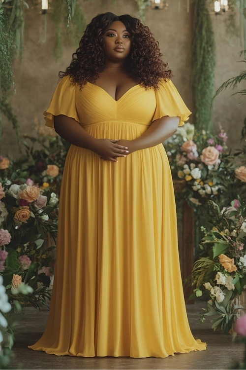 a plus size black woman wears a yellow wedding guest dress with flutter sleeves