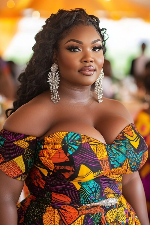 a plus size black woman wears an off shoulder patterned wedding guest dress