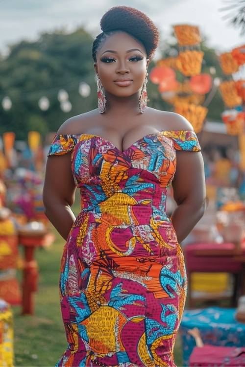 a plus size black woman wears an off the shoulder colorful wedding guest dress