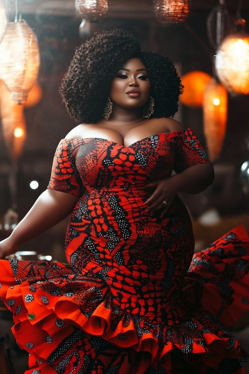 a plus size black woman wears an off the shoulder patterned wedding guest dress and short sleeves