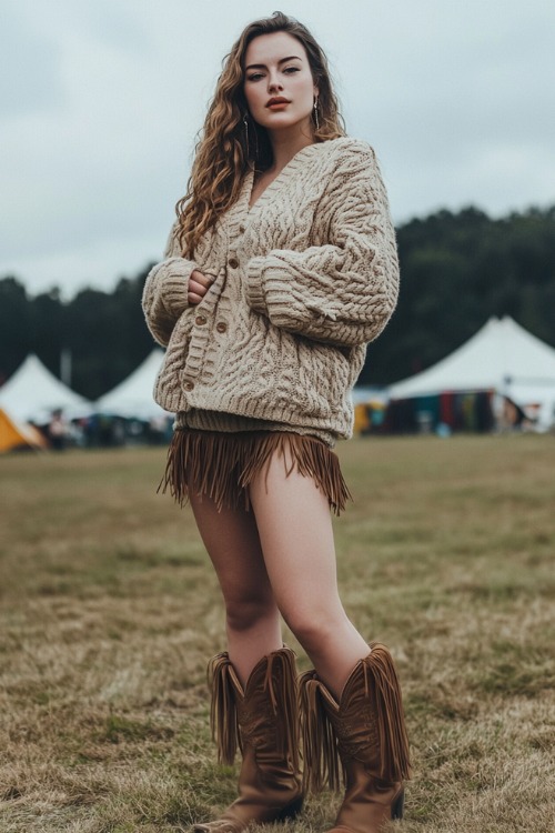 a plus size woman wears a beige cardigan and fringe brown cowboy boots