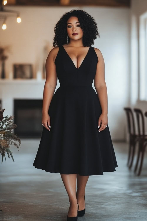 a plus size woman wears a black V neck wedding guest dress with a sleeveless design