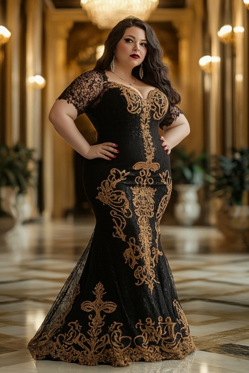 a plus size woman wears a black embellished wedding guest dress with a mermaid silhouette