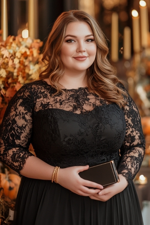 a plus size woman wears a black lace wedding guest dress with sheer sleeves