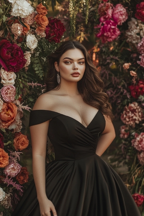 a plus size woman wears a black off the shoulder wedding guest dress