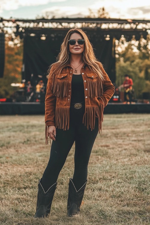 a plus size woman wears a black outfit with black cowboy boots and a suede fringe jacket