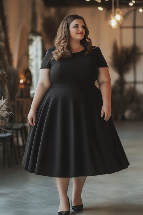 a plus size woman wears a black short sleeve wedding guest dress and black pumps