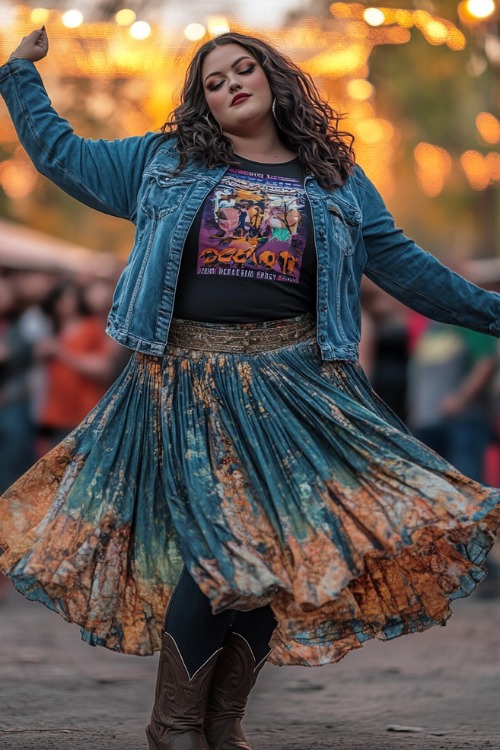 a plus size woman wears a black top with a skirt, brown cowboy boots and a denim jacket