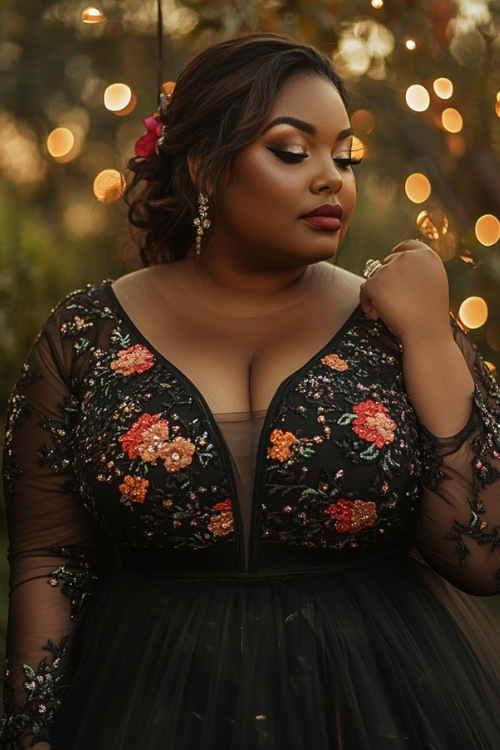 a plus size woman wears a black wedding guest dress with a floral bodice and sheer sleeves