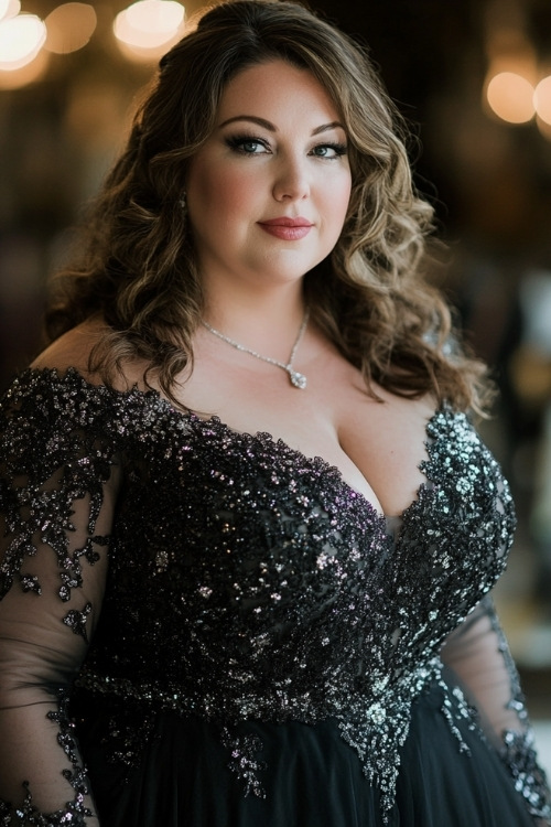 a plus size woman wears a black wedding guest dress with an embellished bodice