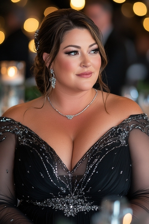 a plus size woman wears a black wedding guest dress with an off shoulder design