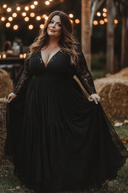 a plus size woman wears a black wedding guest dress with lace sleeves