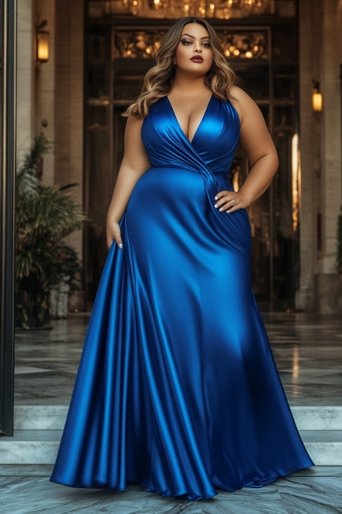 a plus size woman wears a blue satin wedding guest dress and a wrap style