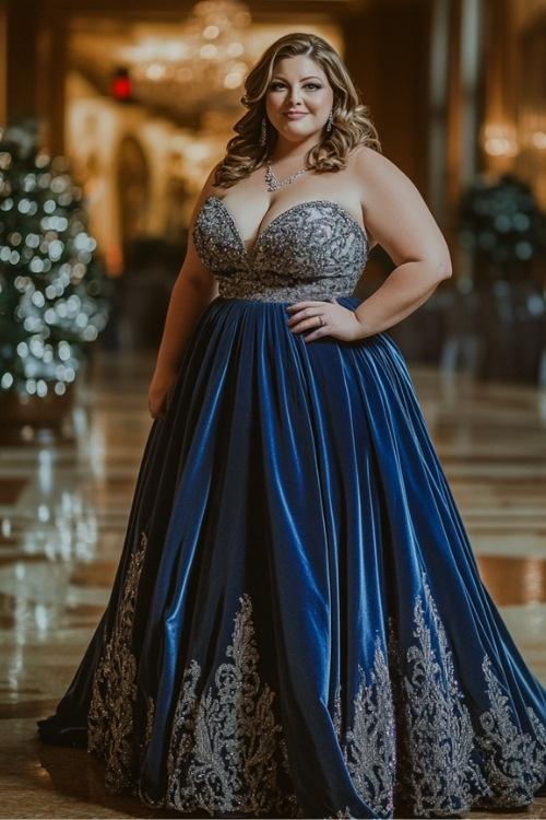 a plus size woman wears a blue strapless wedding guest dress