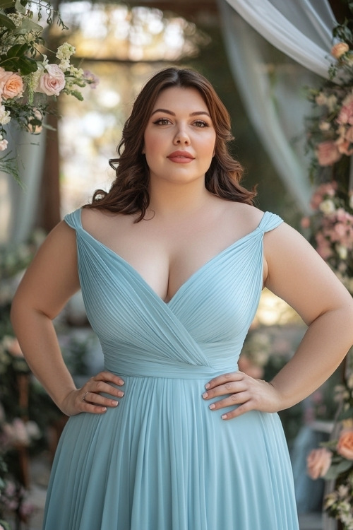 a plus size woman wears a blue wedding guest dress with a deep V neckline