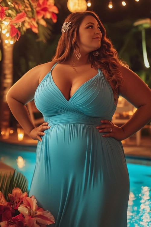 a plus size woman wears a blue wedding guest dress with a halter neckline