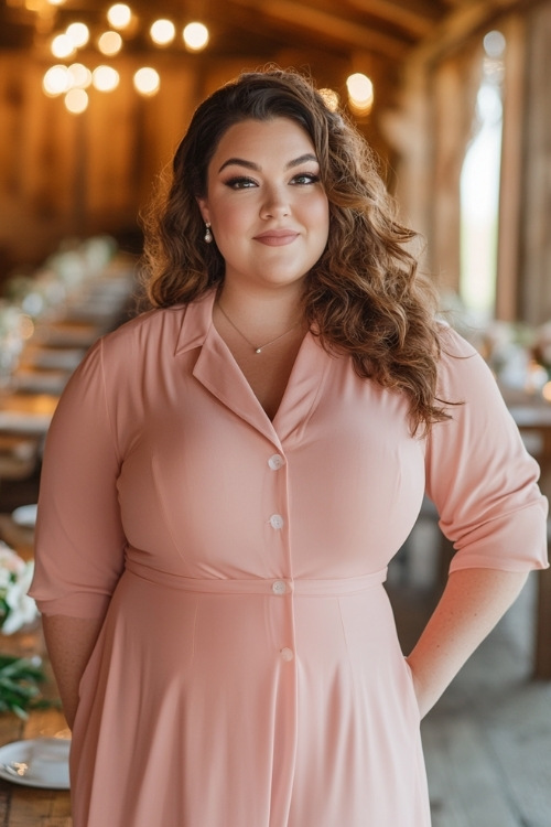 a plus size woman wears a blush pink shirt dress as wedding guest dress with long sleeves