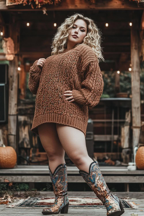 a plus size woman wears a brown sweater dress and patterned cowboy boots