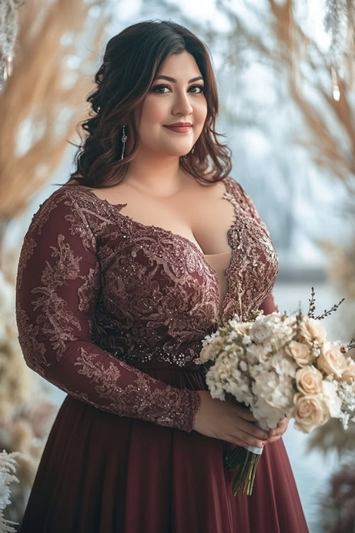 a plus size woman wears a burgundy V neck wedding guest dress with a lace bodice